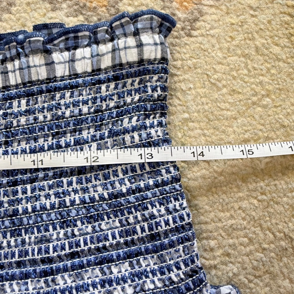 Maeve Anthropologie Plaid Smocked Mini Skirt Blue White Ruffle Tiered XS NEW - Picture 6 of 10
